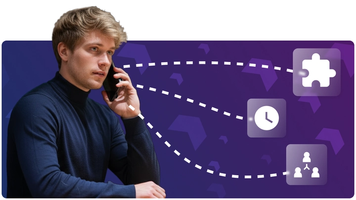 Un homme en train de téléphoner, avec en arrière-plan des panneaux d’information avec des icônes indiquant les fonctions efficaces du logiciel.